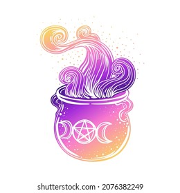 Witches cauldron. Vector isolated illustration in Victorian style. Mediumship divination equipment. flash tattoo drawing. Alchemy, religion, spirituality, occultism.