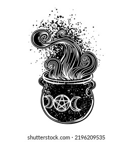 Witches Cauldron. Vector Isolated Illustration In Victorian Style. Mediumship Divination Equipment. Flash Tattoo Drawing. Alchemy, Religion, Spirituality, Occultism.