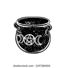 Witches Cauldron. Vector Isolated Illustration In Victorian Style. Mediumship Divination Equipment. Flash Tattoo Drawing. Alchemy, Religion, Spirituality, Occultism.