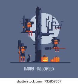 witches coven, pixel art style characters, vector illustration halloween greeting card, isolated on background