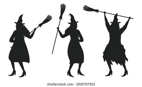 Witches dance with brooms. Black silhouettes of women on a white background. Halloween party. People are celebrating Halloween. Vector illustration