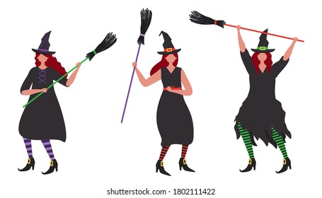 Witches dance with brooms. Halloween party. Young women in witch costumes. People are celebrating Halloween. Vector illustration