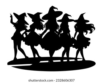 Witches dancing at a Halloween party. Women in witch costume. Black silhouette. Hand drawn cartoon style. Vector flat illustration isolated on white background.