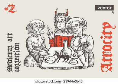 Witches with devil cooking potion with rat. Vector engraving style illustration. Medieval art with gothic lettering. Perfect for bewitchment emblem, pagan music, witch-craze posters, historical prints