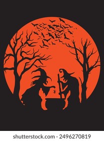 Witches doing witchcraft in a dark forest halloween silhouette