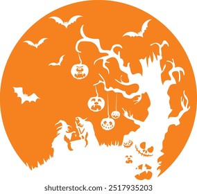 Witches doing witchcraft in a nigh forest halloween silhouette