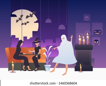 Witches drinking cocktails while ghost dancing in bar. Interior, party, decorations, cartoon characters. Vector illustration can be used for topics like Halloween, night festival, holiday