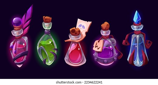 Elixirs, pociones mágicas en botellas de vidrio con corchos y etiquetas. Partidas de juego de viales y jarras de alquimia con venenos líquidos y goteo aislados sobre fondo negro, conjunto de dibujos animados vectoriales