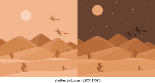 Witches Fly to Halloween on Broomstick Over the Desert Day and Night