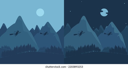 Witches Fly to Halloween Over Mountains and Forests, Day and Night