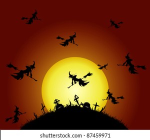 Witches fly on the cemetery, vector illustration
