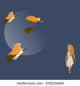 Witches flying on a broom on moon background. Woman looking at moon.  Vector illustration for Walpurgis night decoration