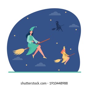 Witches flying on brooms at night. Women with broomsticks, starry sky. Flat vector illustration. Halloween party, fantasy concept for banner, website design or landing web page
