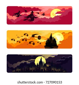 Witches flying on broomsticks with bats. Halloween pumpkins. Kingdom. Castle. Vector.