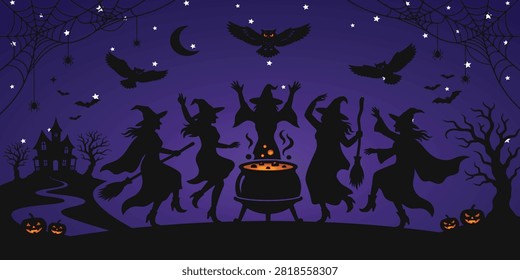 Witches gathering and brewing magic potion silhouettes for halloween celebration