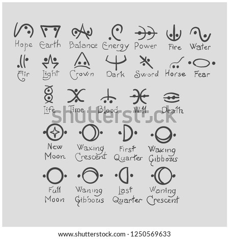 Witches' Grimoire. Sigils and Symbols: Meaning wattpad Moon Glyphs. Occult, esoteric, divination and wicca concept.
