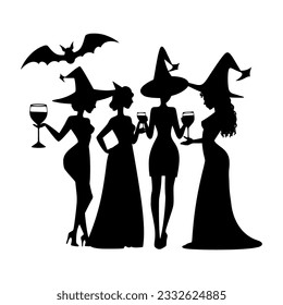 Witches at a Halloween party. Women in witch costume drink wine. Black silhouette. Hand drawn cartoon style. Vector flat illustration isolated on white background.