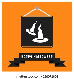 witches Hat icon. Black Happy Halloween Ribbon Banner on Orange background. Vector illustration