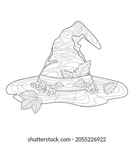 The witches hat leaves and berries on a white isolated background. Halloween. Suitable for coloring book. 