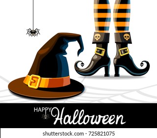 Witches hat and legs in shoes with a spider on white background, vector illustration.