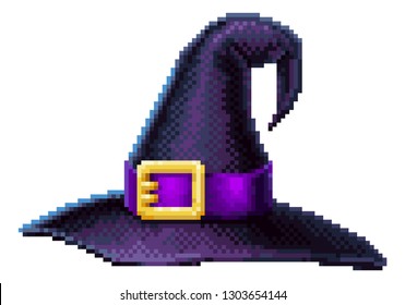 A witches hat in a retro 8 bit arcade video game pixel art style.