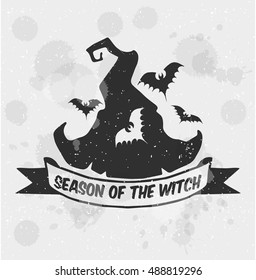 Witches hat in a sketch style and bats. Hand-drawn card for Halloween. Vector illustration.