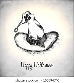 Witches hat in a sketch style. Hand-drawn card for Halloween. Vector illustration.