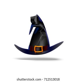 Witches hat symbol of Halloween vector illustration isolated on white background. Head wear decorated with big metal buckle on cap