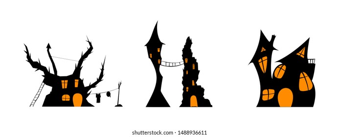 Witches houses. Black and white silhouette set. One of the Halloween symbols. Vector illustration.