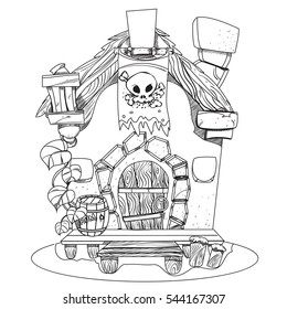 Witches Hut. Cartoon illustration of a house sorceress. Drawing for gaming mobile applications. Illustration for coloring.
