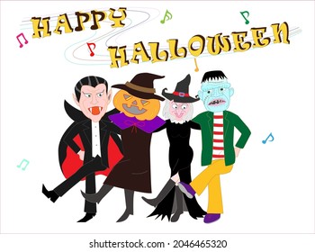 Witches and Jack O Lanterns dancing to celebrate Halloween.