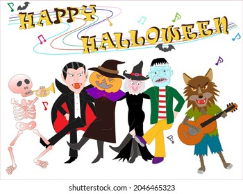 Witches and Jack O Lanterns dancing to celebrate Halloween.