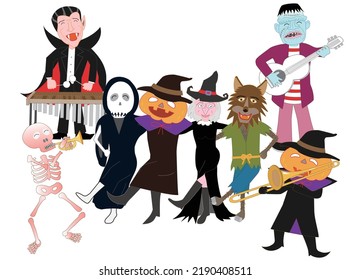 Witches and jack-o-lanterns celebrate Halloween by playing musical instruments and dancing happily.