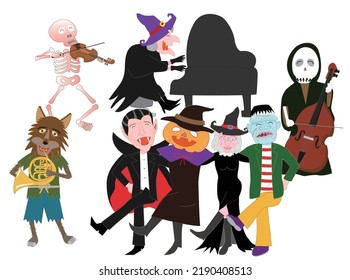 Witches and jack-o-lanterns celebrate Halloween by playing musical instruments and dancing happily.