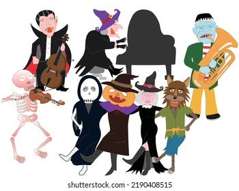 Witches and jack-o-lanterns celebrate Halloween by playing musical instruments and dancing happily.