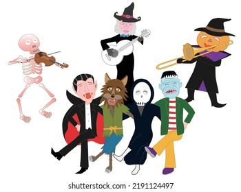 Witches and jack-o-lanterns celebrate Halloween by playing musical instruments and dancing happily.