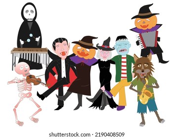 Witches and jack-o-lanterns dancing to celebrate Halloween.
