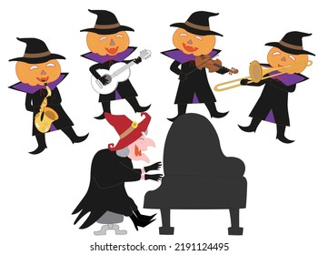 Witches and jack-o-lanterns playing musical instruments to celebrate Halloween.