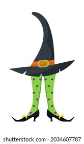 Vector de pierna de brujas. Halloween es gracioso, con pies de miedo. Bolas de bruja antiguas y coloridas. Sombrero de brujería y calcetines a rayas cómicas de payaso. Boo, cartel de invitación de fiesta de halloween. 