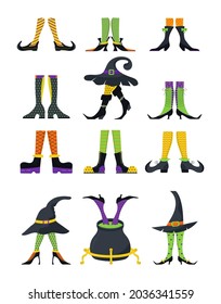 Witches leg vector set. Halloween funny, scary feet boots. Vintage, colorful stockings of witch. Witchcraft cauldron, hat and comic striped socks of clown. Boo, halloween party invitation sign. 