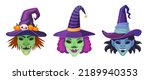 Witches mask. Halloween scary witch faces, carnival head disguise evil masks for scary helloween masquerade costume, scary makeup woman face in hat, ingenious vector illustration of monster face