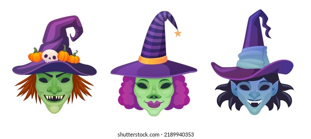 Máscara de brujas. Caras de bruja espeluznantes de Halloween, cabeza de carnaval disfrazan máscaras malignas por disfraz de mascarada helada, cara de maquillaje espeluznante en el sombrero, ingeniosa ilustración vectorial de la cara de monstruo