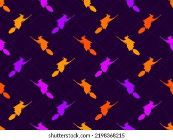 Las brujas en las escobas son un patrón sin fisuras. Silhouette de una bruja sobre un palo de escoba en los colores festivos de halloween. Diseño de productos publicitarios, carteles y afiches. Ilustración del vector