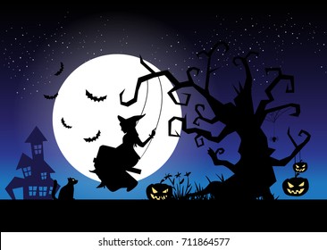 Witches play the swings under the moon on Halloween.vector illustration.