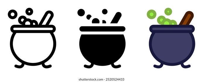 Witches pot icon. Boiling magic poison sign. Halloween symbol. Wizard cauldron illustration.