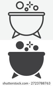 Conjunto de iconos de maceta de brujas en línea y estilo sólido. Esquema y signo de Vector con trazo editable, icono de símbolo de caldero para hechizos, alquimia y temas mágicos.