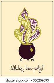 Witches pot with tea postcard illustration with hand lettering