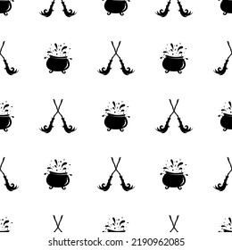 Witches potion cauldron and brooms seamless ornament. caldron cooking pots on white background. Magic, witchcraft or wizardry wallpaper. Halloween pattern. Magic fairytale print