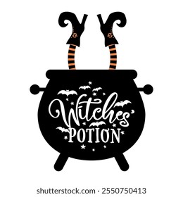 Witches potion - Halloween quote on white background with pot. Good for t-shirt, mug, home decor, gift, printing press. Holiday quote. Happy Halloween, trick or treat!