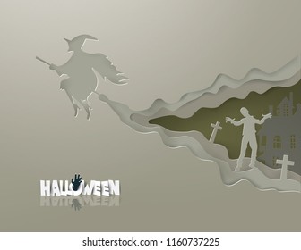 Witches riding brooms on the gray sky and Zombies walk out of the gray grave HALLOWEEN concept,paper craft  and illustration style
